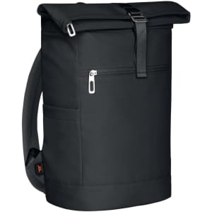 A black backpack with a roll-top closure, featuring multiple zippered pockets and adjustable straps.