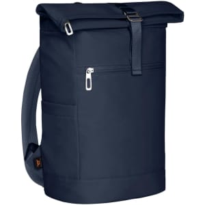 A navy blue backpack with a roll-top closure, adjustable straps, and a front zip pocket. It features a logo on the side.