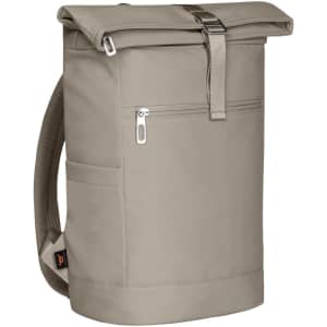 A beige backpack featuring a roll-top closure, a front zip pocket, and mesh shoulder straps. It has a logo on the side.