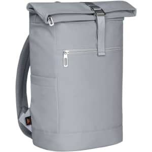 A grey roll-top backpack with a front zip pocket and adjustable shoulder straps. It features a logo on the side.