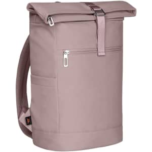 A pastel pink backpack with a roll-top design, featuring a front zip pocket and a side mesh pocket. It has a logo.