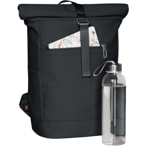 A black backpack with a roll-top design, featuring a front pocket and a drink bottle alongside it.