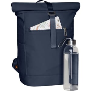 A navy backpack with a top roll closure, front pocket, and a clear drink bottle beside it. The backpack has a logo.