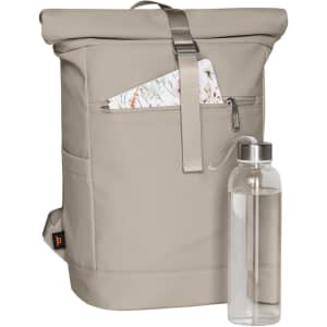 A beige backpack with a roll-top design, featuring a front zip pocket and a drink bottle beside it.