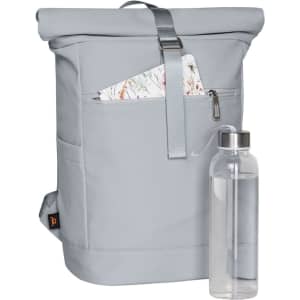 A light grey backpack with a roll-top design, featuring a front pocket and a drink bottle beside it.
