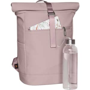 A pink backpack with a roll-top design, featuring a front pocket and a drink bottle beside it.