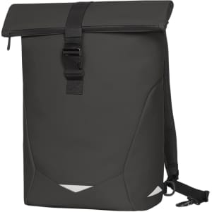 A dark grey backpack features a roll-top design and a secure buckle strap, with mesh detailing on one side.