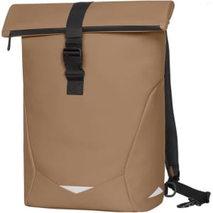 A tan and black backpack with a roll-top closure and adjustable straps, featuring a logo on the side.