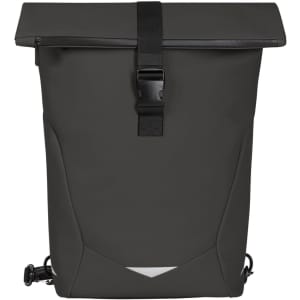 A black waterproof backpack featuring a roll-top closure, adjustable straps, and a logo on the front.