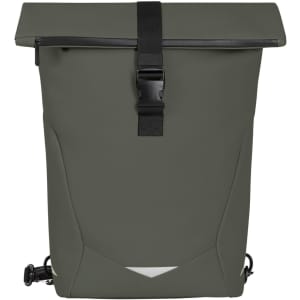A green waterproof backpack featuring a roll-top design and adjustable straps, with a buckle closure and logo.
