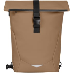 A tan roll-top backpack with a black strap and buckle, featuring a sleek design and minimalistic styling.