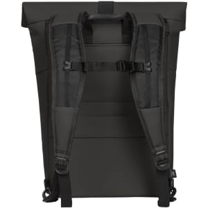 A black backpack with adjustable straps and a roll-top design. Features a simple, sleek silhouette with a branding logo.