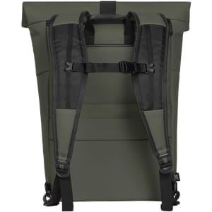 A green backpack with adjustable black straps and a roll-top design, featuring a simple branding logo.