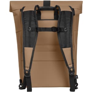 A brown backpack with black straps and a roll-top design. It features adjustable padded shoulder straps and a logo.