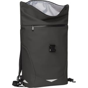 A black backpack with a roll-top closure, featuring a front zip pocket and an adjustable strap. It has a logo.