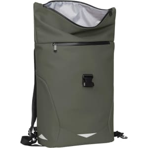 A green backpack with a roll-top closure and exterior zip pocket, featuring a logo and adjustable straps.