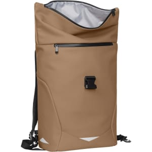 A brown backpack with a fold-over top, zippered pocket, and adjustable straps, featuring a logo on the front.