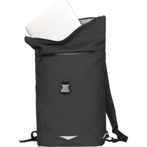 A black backpack with a roll-top design, featuring a zippered compartment and a laptop inside. It has a logo on the front.