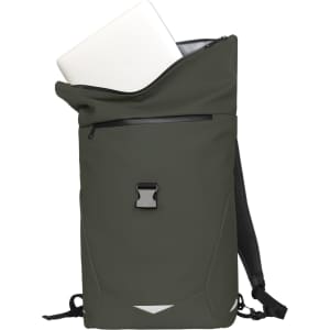 A dark green backpack with a roll-top design and a hidden laptop compartment, featuring an adjustable strap and a logo.
