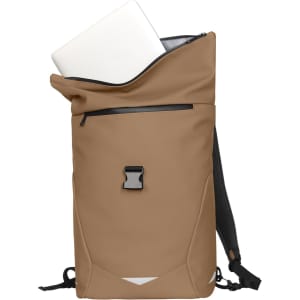 A tan backpack with a roll-top design, featuring a laptop inside and a front zip pocket. It has adjustable straps and a logo.