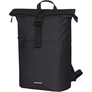 A black backpack with a roll-top design, featuring adjustable straps and a front pocket. It has a logo on it.