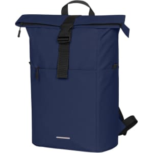 A navy blue backpack with a roll-top design, featuring a front pocket and adjustable shoulder straps. It has a logo.