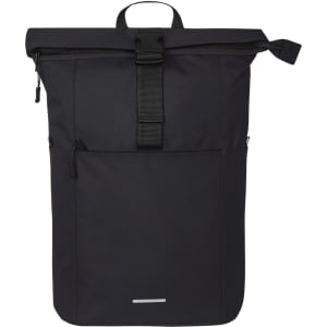 A black backpack with a roll-top design, featuring a front pocket and a logo. It has adjustable straps and a handle.