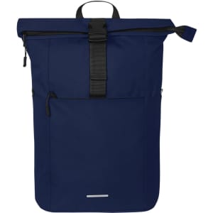 A navy blue Basic Backpack featuring a roll-top design, adjustable strap, and front pocket. It has a logo.