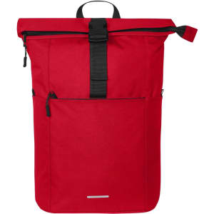 A red backpack with a roll-top closure, adjustable straps, and a front zip pocket. It features a logo.