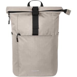 A grey backpack with a roll-top closure, featuring a front pocket and a black strap. It has a simple logo.