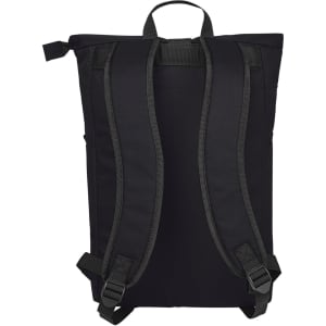 A black Basic Backpack with adjustable straps and a top handle, featuring a logo. Simple and functional design.