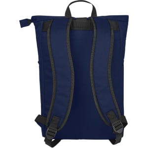 A navy blue backpack with adjustable straps and a top handle, featuring a logo.