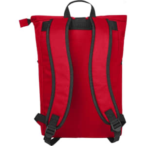 A red backpack with padded shoulder straps and a handle, featuring adjustable clasps and a logo.