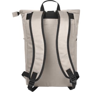 A beige backpack with adjustable black straps and a top handle, featuring a logo on the front.