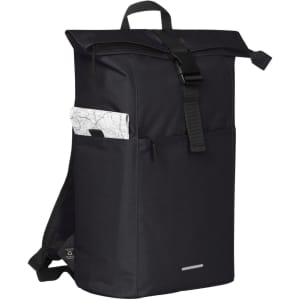 A black backpack featuring a rolled top, front pockets, and a logo, with a patterned item peeking out.