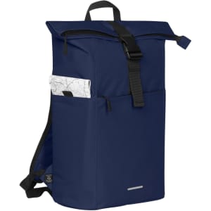 A navy blue backpack with a roll-top closure and front pocket, featuring a logo on the side.