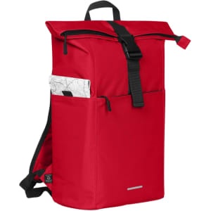 A red backpack with a roll-top design and a front pocket, featuring a logo on the side.