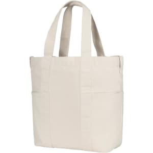 A light beige tote bag with two large side pockets and sturdy handles, featuring a logo.