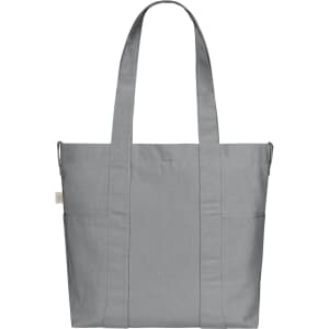 A grey tote bag with two sturdy handles and multiple pockets, featuring a logo.