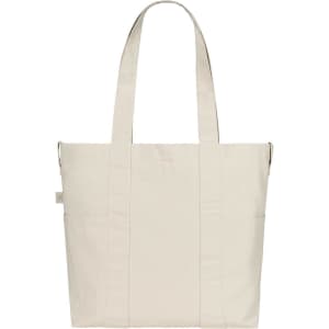 A beige tote bag with two sturdy straps and a simple, functional design. The bag features a logo on one side.