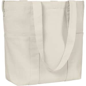 A beige organic tote bag with two sturdy handles and side pockets, featuring a minimalist design and a logo.