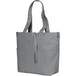 A grey tote bag with two side pockets and long handles, featuring a branded logo.