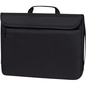 A black laptop sleeve with a handle and a front flap, featuring a zippered pocket. It has a logo on the front.