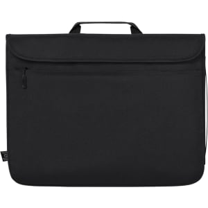A black laptop sleeve featuring a front pocket and a handle, designed for carrying laptops securely.
