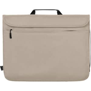 A beige laptop sleeve features a front pocket and a handle for easy carrying, along with a logo.