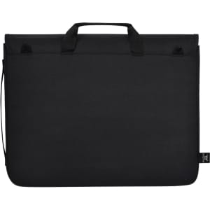 A black laptop sleeve with a textured finish and top handles, featuring a branding label on the side.