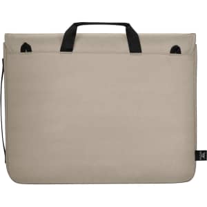 A light beige laptop sleeve with black accents and handles, featuring a simple design and a logo.