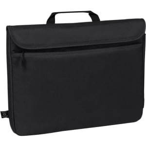 A black laptop sleeve with a front pocket and a top handle, featuring a branding logo.