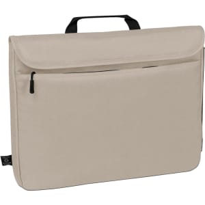 A beige laptop sleeve with a handle and a front pocket, featuring a logo on the side.