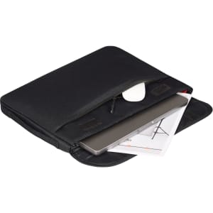 A black laptop sleeve with a zippered opening, holding a laptop and a document inside. It features a logo.